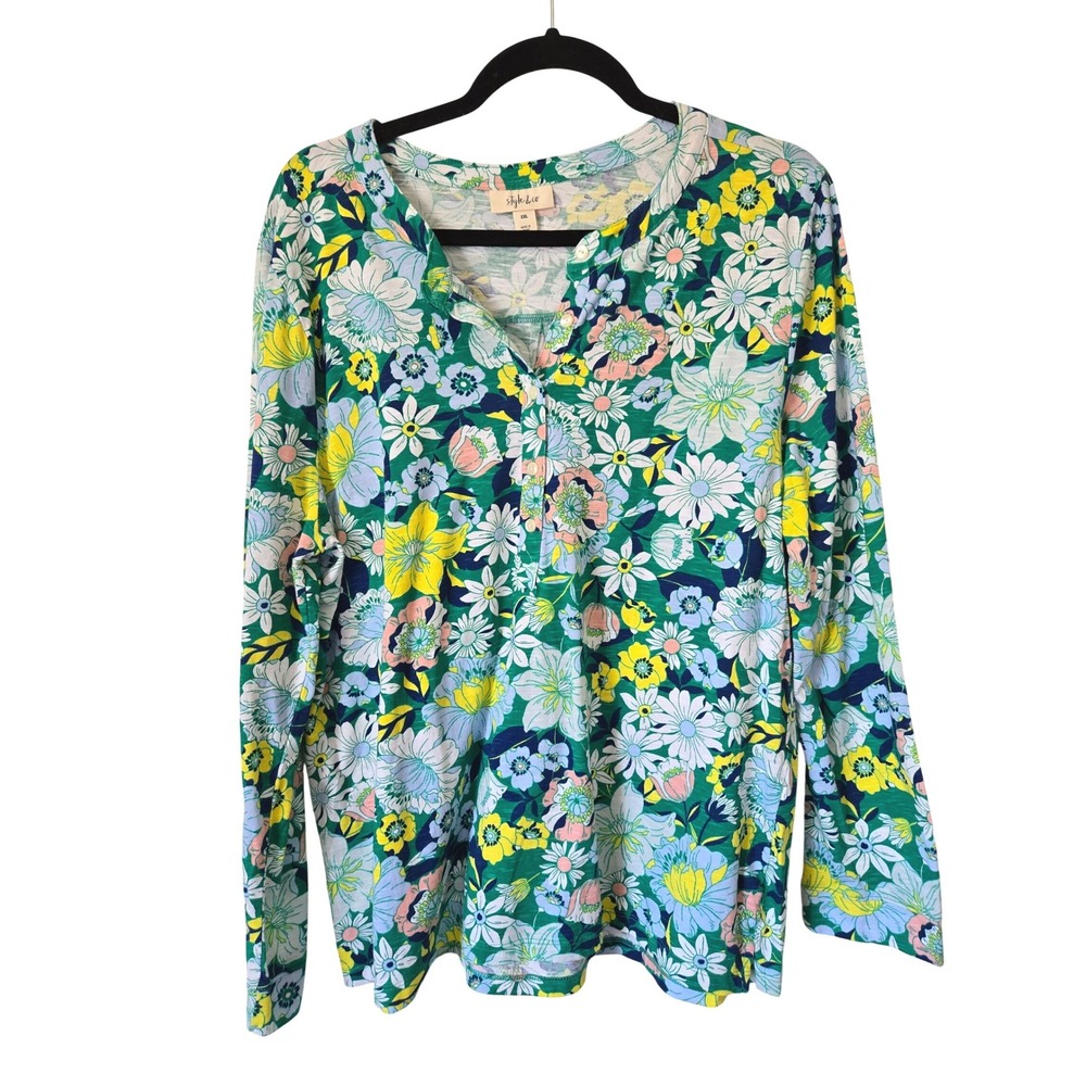Style‎ & Co Womens XXL Floral Henley Top Long Sleeve Cotton Colorful Bohemian